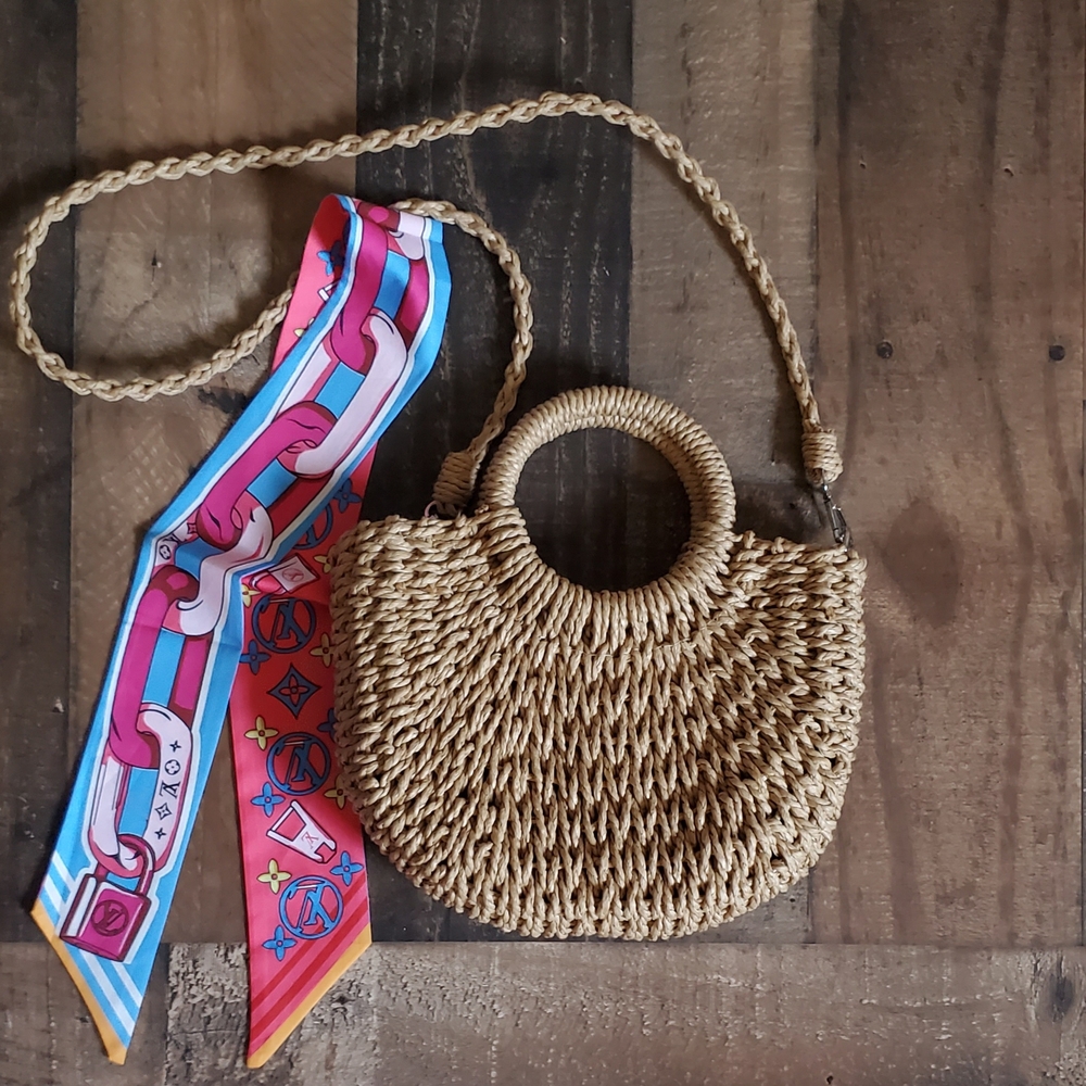 Summer Straw Mini Woven Raffia Crossbody Handbag w/Colorful Fashion Twilly Scarf